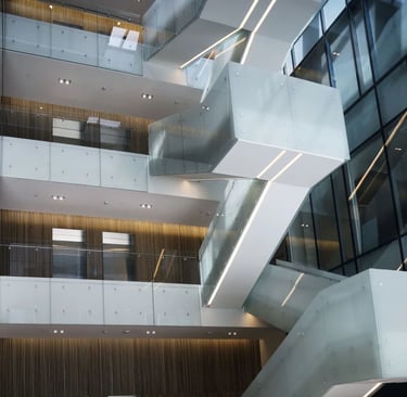 Elementary Teachers Federation Ontario offices showing beautiful frosted glass feature stairs, made by Pengelly Iron Works 