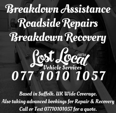 a broken car with the words lostlocal recovery roadside repairs breakdown assistance recovery