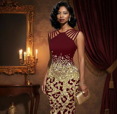 Ruby Mae Davenport in an elegant burgundy and gold evening gown, embodying timeless jazz sophisticat