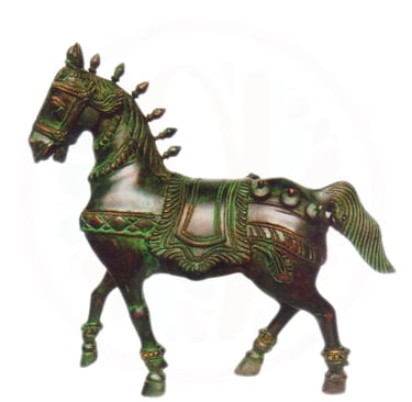 a horse statue of a horse with a green and gold colored paint