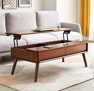 Solid Oak Mid Century Wood Lift Top Coffee Table for Living Room