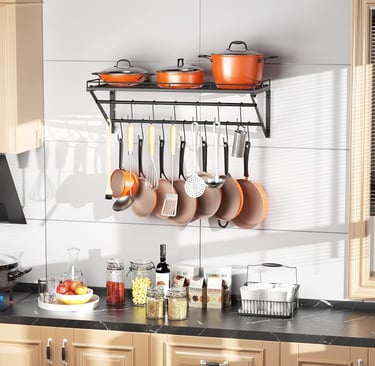 31 Inch Wall Mounted Pot Rack Storage Shelf with 2 Tier Hanging Rails 14 S Hooks included