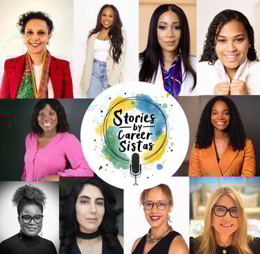 A collage with the women who appeared on the podcast, Stories by Career Sistas with the podcast logo