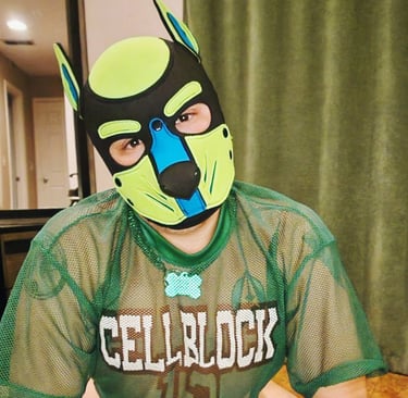A pup posing on all fours wearing a pup mask.