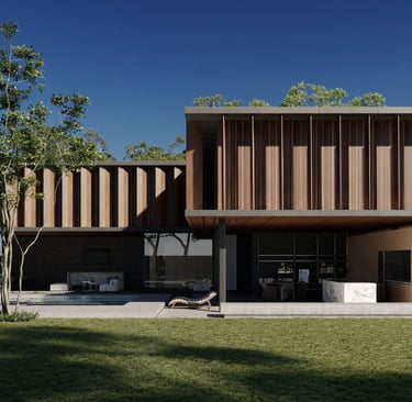 3D rendering of modern villa with wood and glass elements, large windows, lawn, stone path, and patio furniture.