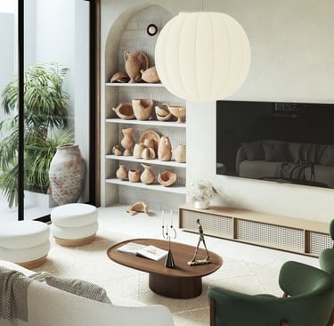 3D rendering of modern living room with neutral and green tones, pendant light, built-in shelves with pottery, and cozy sofa.