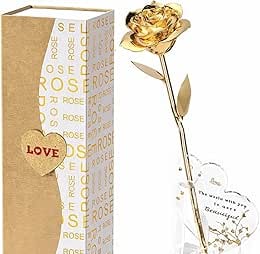 Gold-dipped 24K rose displayed in a clear stand, elegant luxury gift piece.