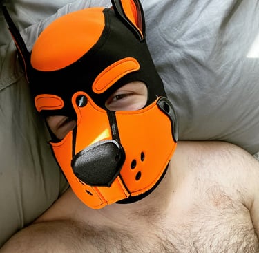 Shirtless man posing in a pup mask.