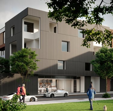 3D rendering of multi-story building with minimalist design, vertical lines, large windows, and ground-floor café.