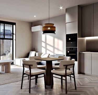 Inviting modern space: natural light, wood dining, cozy sofa, sleek kitchen, chic lighting, elegant ambiance.