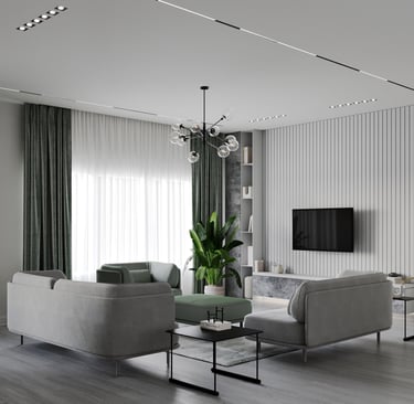 Modern living room with gray sofas, green armchair, central coffee table, large plant, and vertical paneling behind TV.