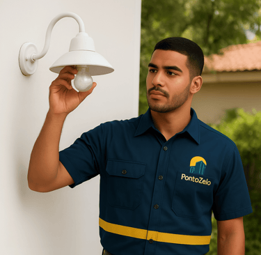Zelador fazendo manutenção nas lâmpadas do condomínio