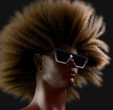A 3D rendering of an African-American model with sunglasses and frizzy afro