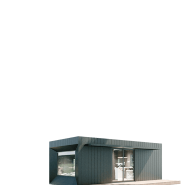 a small house with a large window and a small window