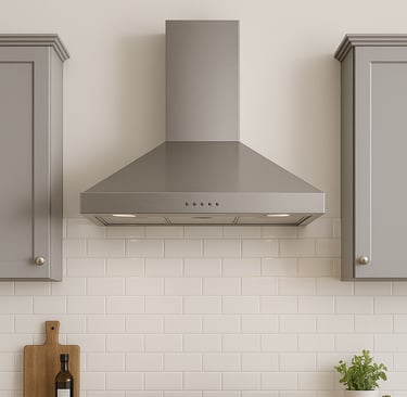 Blomberg range hood installed above a gas stove in a modern kitchen with gray cabinets and white sub