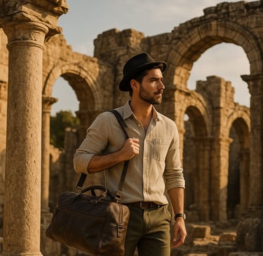 A stylish male traveler explores ancient ruins under a soft, golden afternoon light.