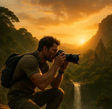 A rugged male traveler in his 30s, wearing a breathable tech shirt, cargo pants, and hiking boots, is crouched on a cliffside