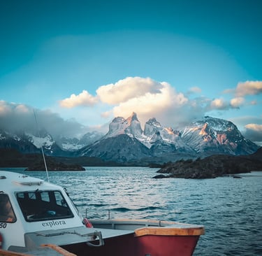 Explora Patagonia hotel Private dock and boat with mountain views