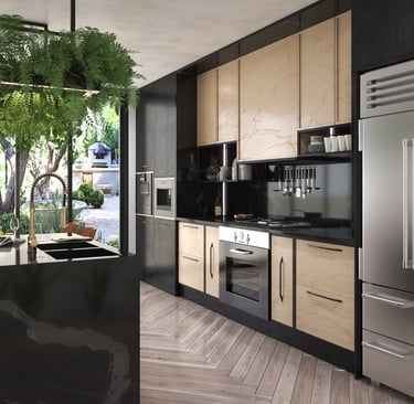 Modern kitchen with light wood cabinetry, sleek black countertop, built-in microwave, and large windows.