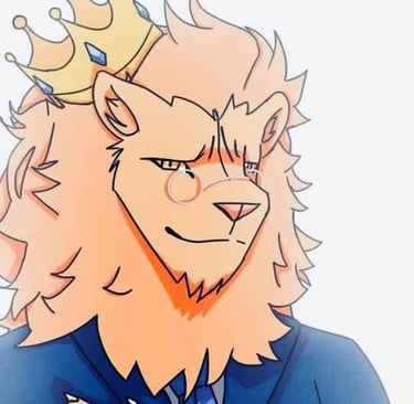 a lion in a suit and a crown on his head