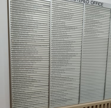 signboard with registered office names care of Questor Management Pte Ltd in Singapore