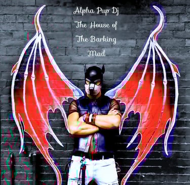 Man in pup mask in front of wing mural.