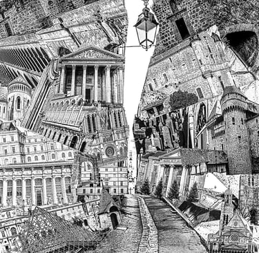 a drawing of a street scene with a street light and a street light