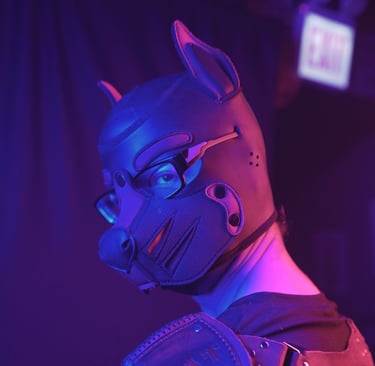 A man in a pup mask and leather gear.