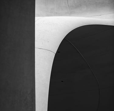 Curvilinear concrete architecture in grayscale.