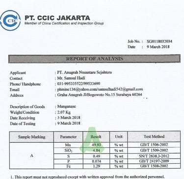 HASIL UJI LAB PT. ANUGRAH NUSANTARA SEJAHTERA - PERUSAHAAN PERTAMBANGAN BATU MANGAN