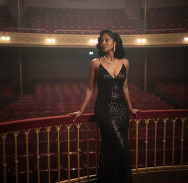 Ruby Mae Davenport standing in an empty historic theater wearing a black evening gown, embodying tim