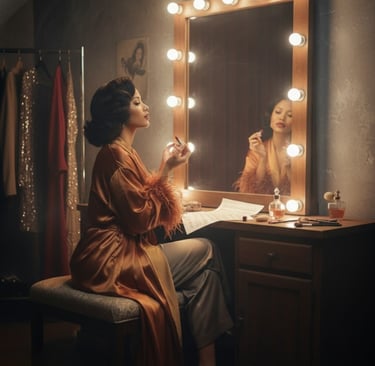 Ruby Mae Davenport preparing backstage at a vanity mirror, capturing a quiet moment before performan