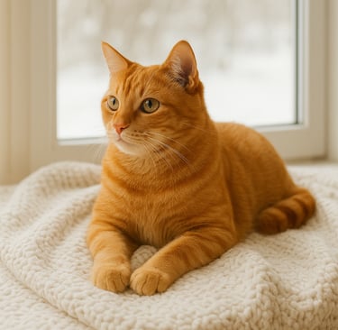 Indoor cat resting on a warm blanket by a window in winter