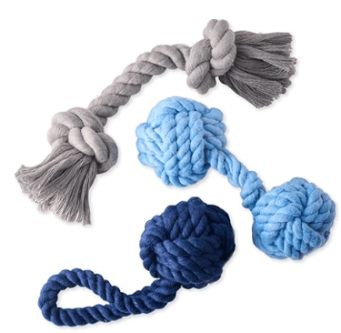Non-toxic organic cotton rope tug toy for dogs 3-pack in gray ombre.