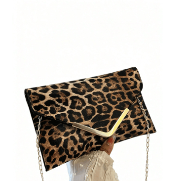 PU leather leopard print chain shoulder bag, bold cheetah pattern purse for chic winter fashion.