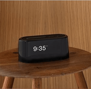 Black Loftie smart alarm clock with digital display.