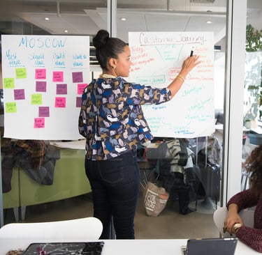 A woman presenting design artefacts to a group of stakeholders.jpg