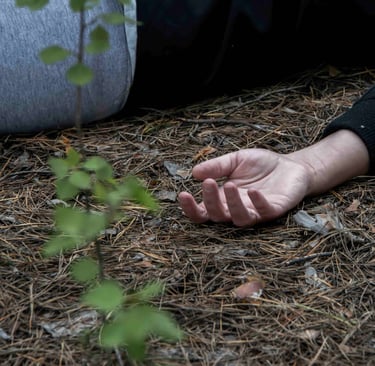 Image of woman lying on ground, doubtless because she's fainted from of a lack of food.