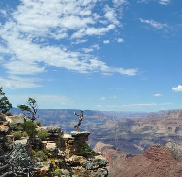 a man hand standing on a cliff overlooking a vast view of the grand canyon