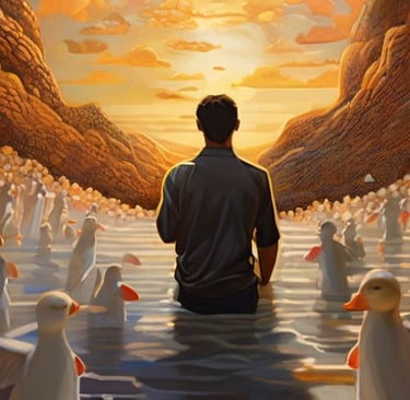hombre entre patos camina hacia la luz