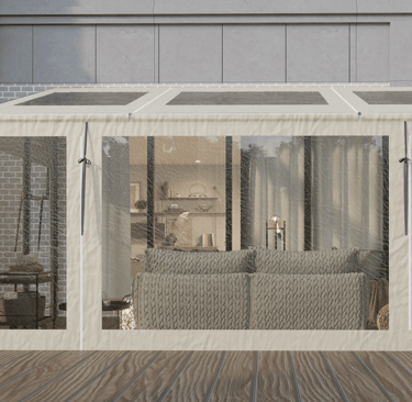 PVCFAB Aluminium pergola with heavy duty roll up all weather PVC covers and curtains