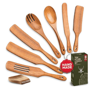 7-piece premium teak wood spurtle and spatula set from Woodlands USA.