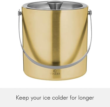 Gold double-wall ice bucket, modern metallic design for stylish entertaining.