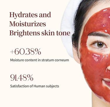 A woman wears a red facial mask with a text overlay: "Hydrates and Moisturizes, Brightens skin tone.