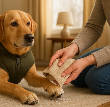 Cleaning dog paws after snowy winter walk to remove salt and ice in Burlington, Oakville, or Milton