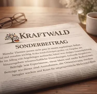 Bild einer KraftWald Zeitung mit dem Titel „Sonderbeitrag“, und Tasse Tee für Angehörige von Menschen mit Demenz