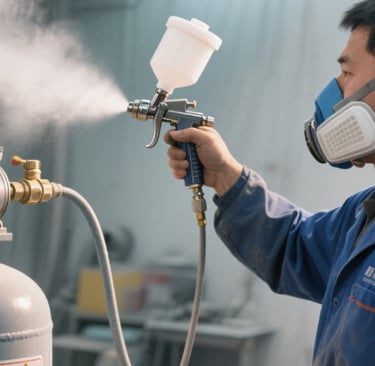 Worker uses spray gun with air compressor tank, powered by wemano.