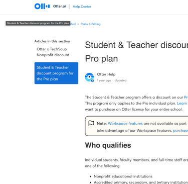 screnshot of otter student discount page