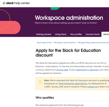 Screenshot of Apply for the Slack for Education discount page