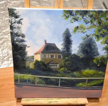 a painting of a house with an incomplete fence